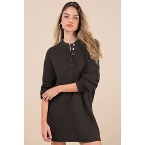 Lulus Coveted Coziness Olive Long Sleeve Henley Sweater Mini Dress Green